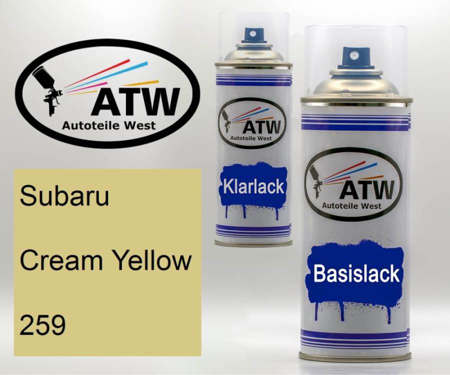 Subaru, Cream Yellow, 259: 400ml Sprühdose + 400ml Klarlack - Set, von ATW Autoteile West.